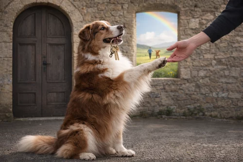 chien berger australien rouge tricolore qui tend les clés à son humain pour accéder à la colline aux jeux