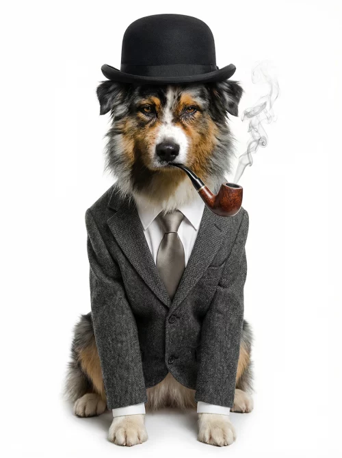 chien berger australien bleu merle en costard cravate fumant la pipe